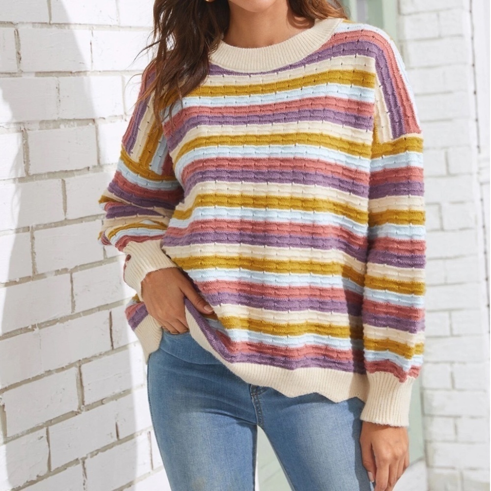 SHEIN Striped Pattern Scallop Hem Drop Shoulder Sweater